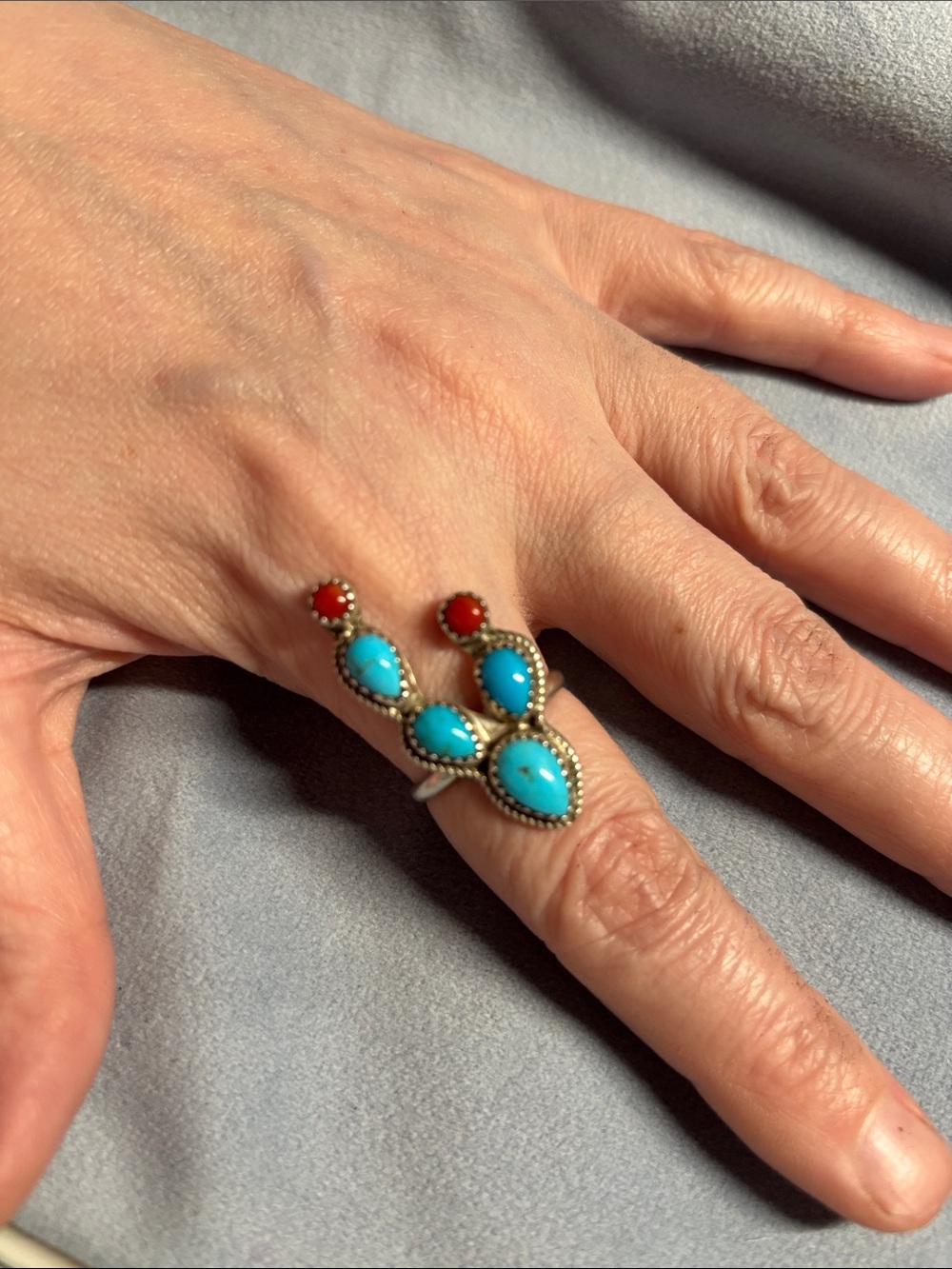 Kree Blanchard Stamped Navajo Turquoise Coral Cactus Sterling Ring Size 9.5